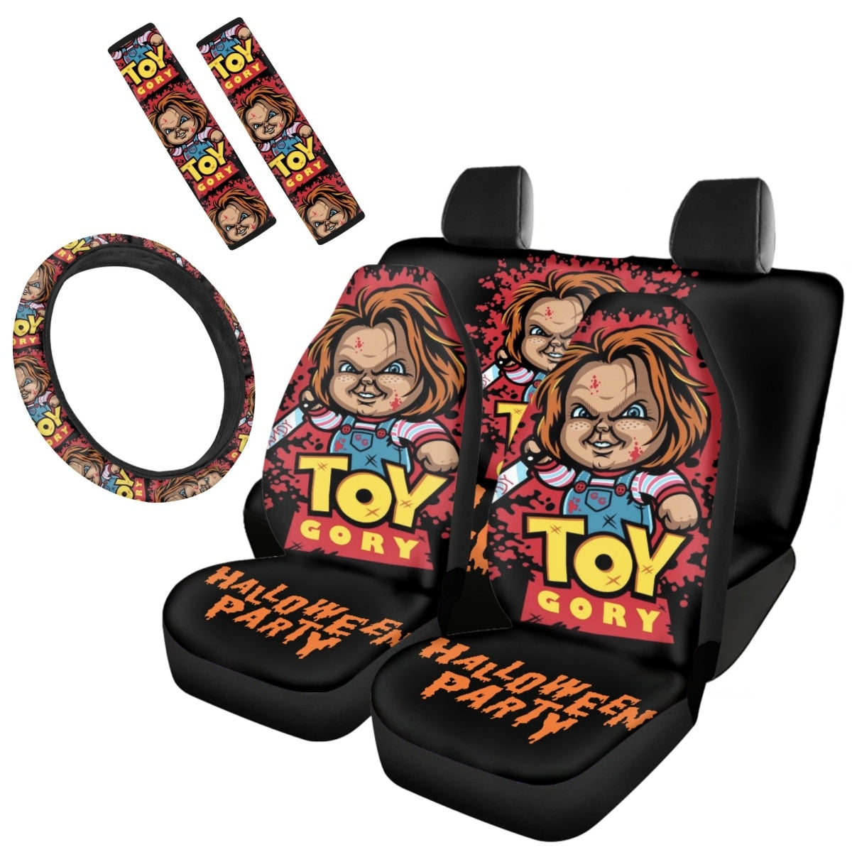 Horror Movie Killer Print Car Cushion Cover Seat Belt Cover Non-Slip Steering Wheel Cover Full Set Car Seat Halloween Decoration