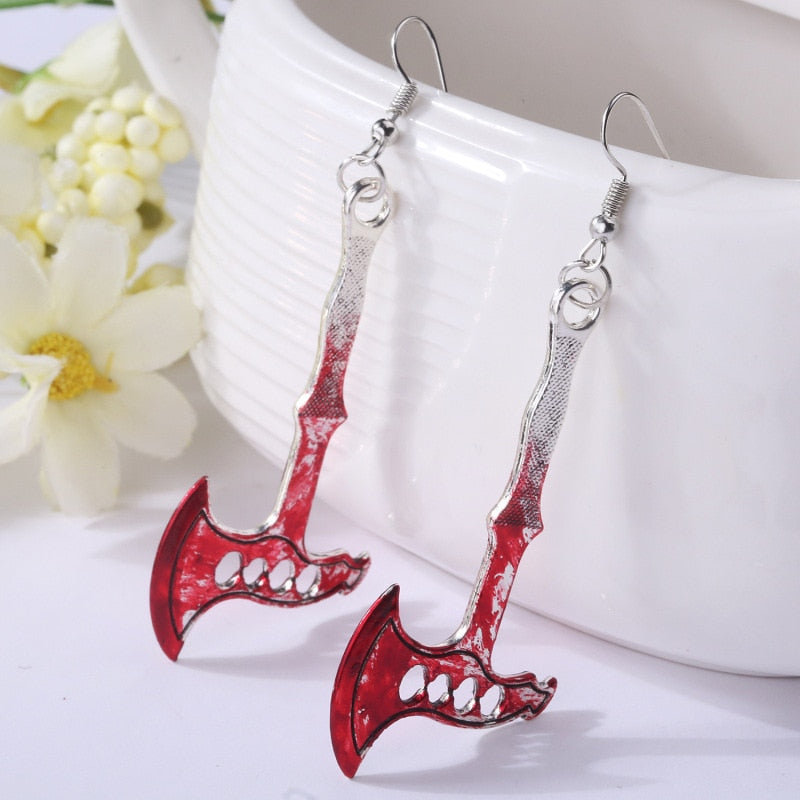 1Pairs Halloween Horror Bloodstain Scissors Axe Sharp Knife Dangle Earrings for Women Fashion Exaggerated Jewelry Party Gifts