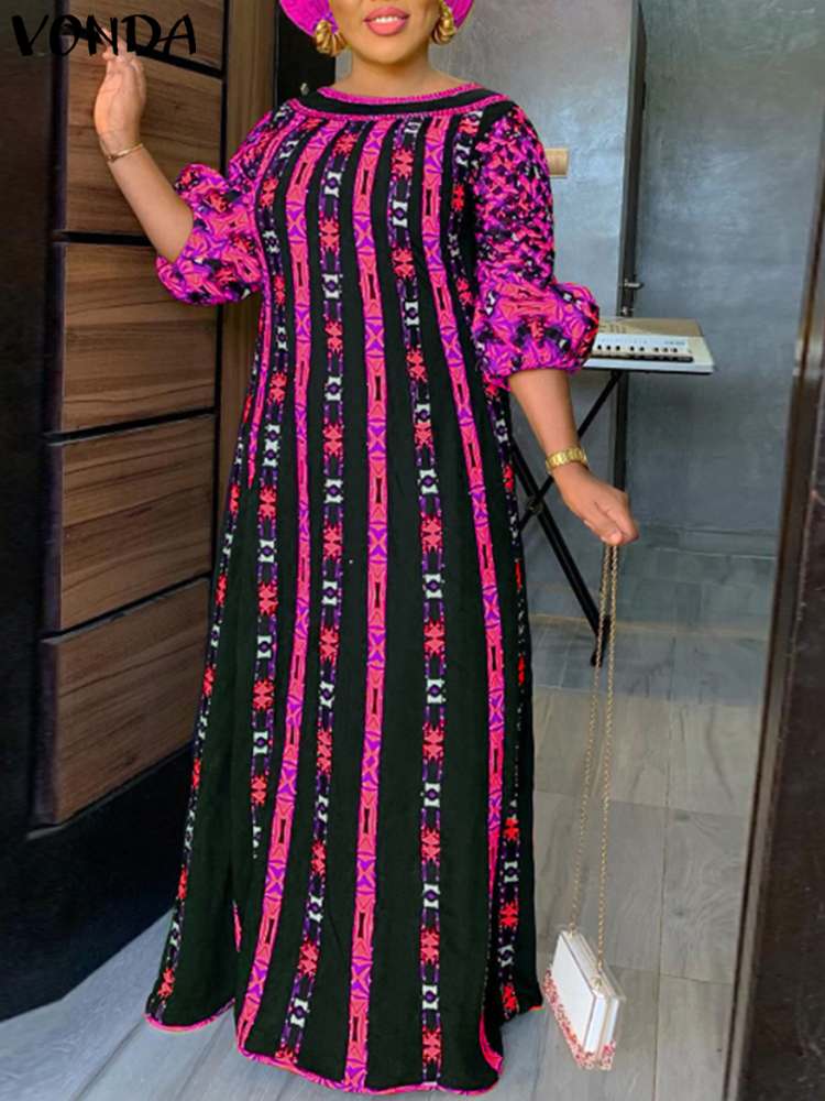 VONDA Plus Size 5XL Dress Women Long Maxi Sundress 2023 O-Neck Printed Casual Bohemian Robe Femme Lantern Sleeve Party Vestido