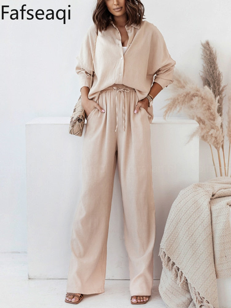 Spring Summer Blue Trouser Suit Set for Women Office Wear Chic Shirts Two Piece Suit Women Elegant Wide Pants Outfits Tracksuit