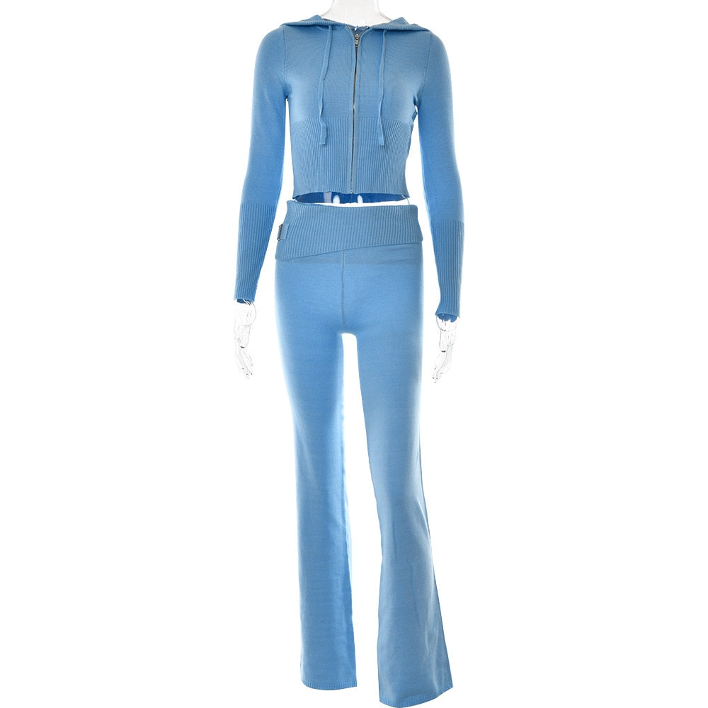 Fantoye Two Piece Sets Women Tracksuit Long Sleeve Zipper Hooded Sweater Skinny Pants Suit Solid Casual Knitted Sweatshirt Set
