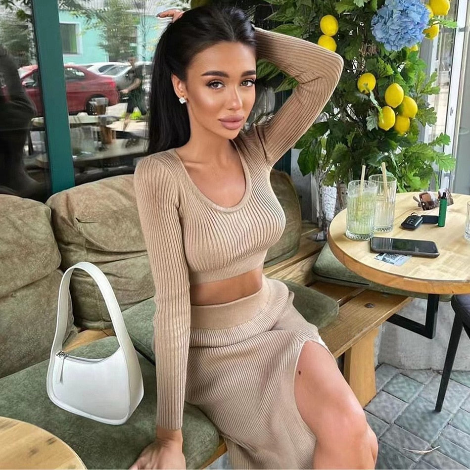 Knitted Winter Women Sexy Sweater Skirt Suit Y2K Fashion Long Sleeve Crop Tops And Long Split Skirt Dress Two Piece Sets