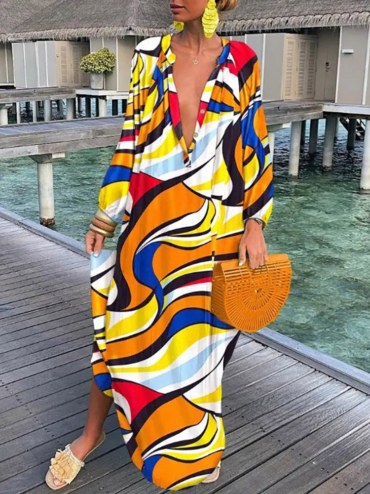 Women Boho Maxi Dress 2023 Summer Sexy Deep V-Neck Long Dresses Vintage Print Long Sleeve Loose Beach Cover Up Female Dress Robe