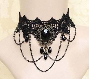 Gothic Victorian Black Lace Necklace Women Girl Boho Crystal Tassel Sexy Lace Choker Steampunk Dark Loli Style Halloween Jewelry