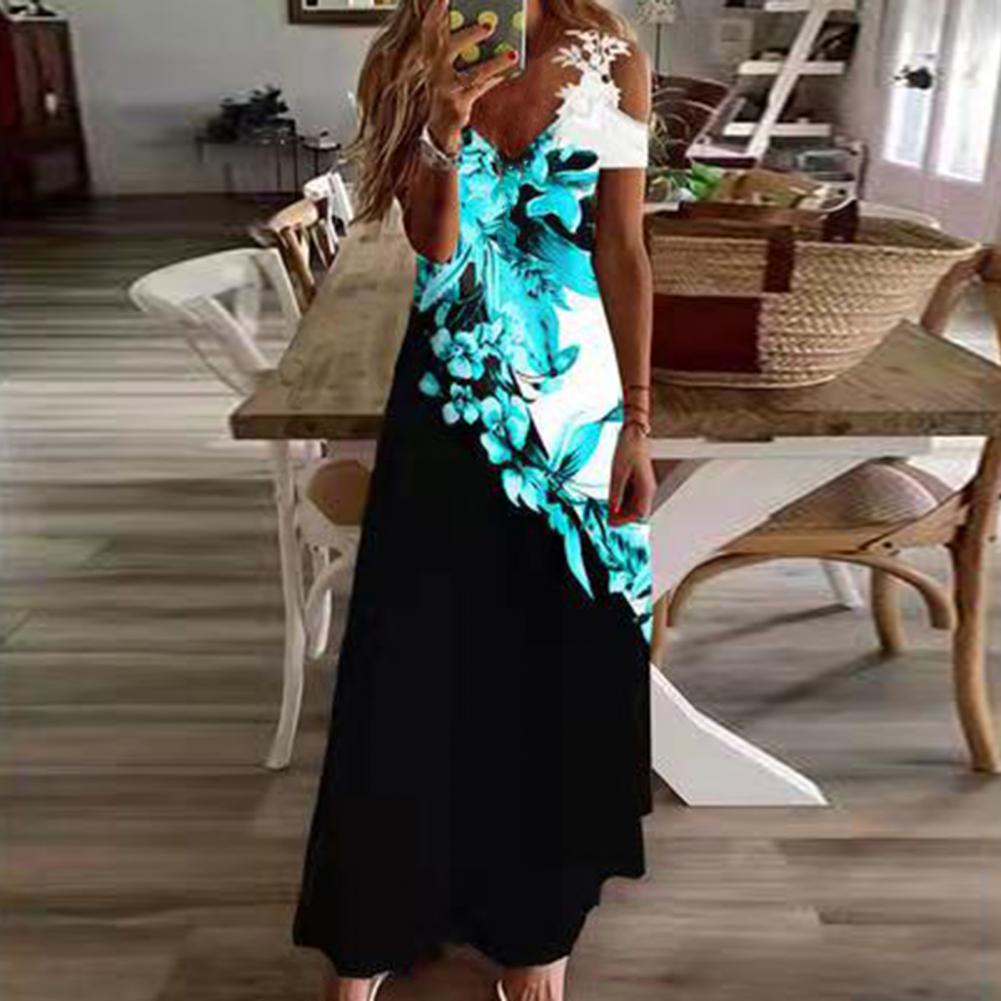 Sexy Spaghetti Strap Long Dress Women Summer Floral V Neck Hollow Out Boho Maxi Dresses Casual Beach Dress Party Robe Vestidos