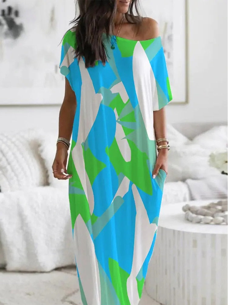 Elegant Off Shoulder Loose Long Dress Vintage Pattern Printed Pullover Party Dress Women Casual Short Sleeve Pocket Maxi Dresses
