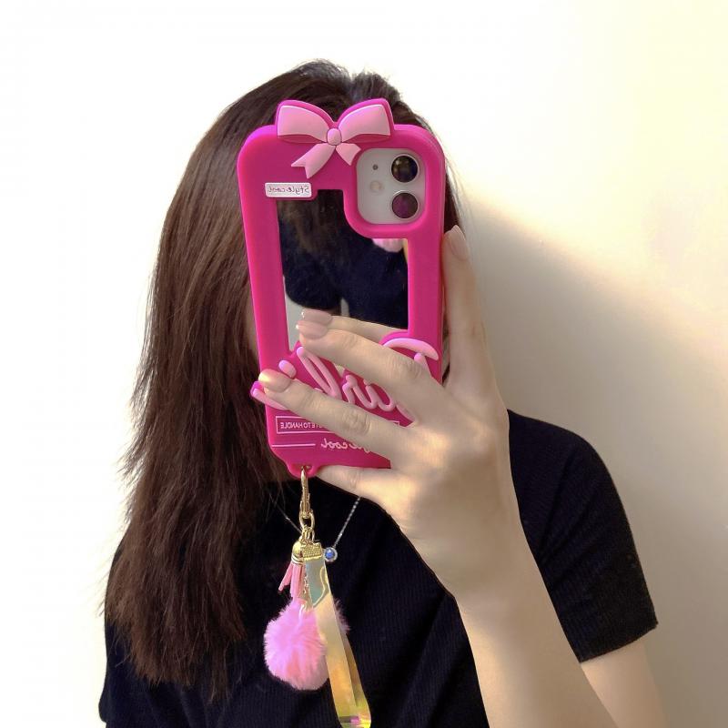Kawaii Barbie Phone Case for 11 12 13 14 Pro Max Mini Xsmax Xr Xs X 6 7 8 Plus Se Anime Doll Pendant Fashion Cover with Mirror