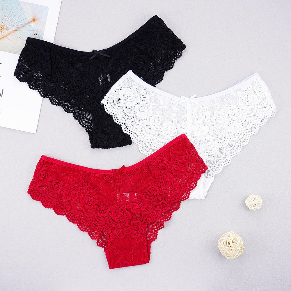 3pcs/lots Women Briefs Sexy Full Lace Panties Hollow Out Low-waist Female Shorts Soft Solid Color Breathable Underwear Fast Ship