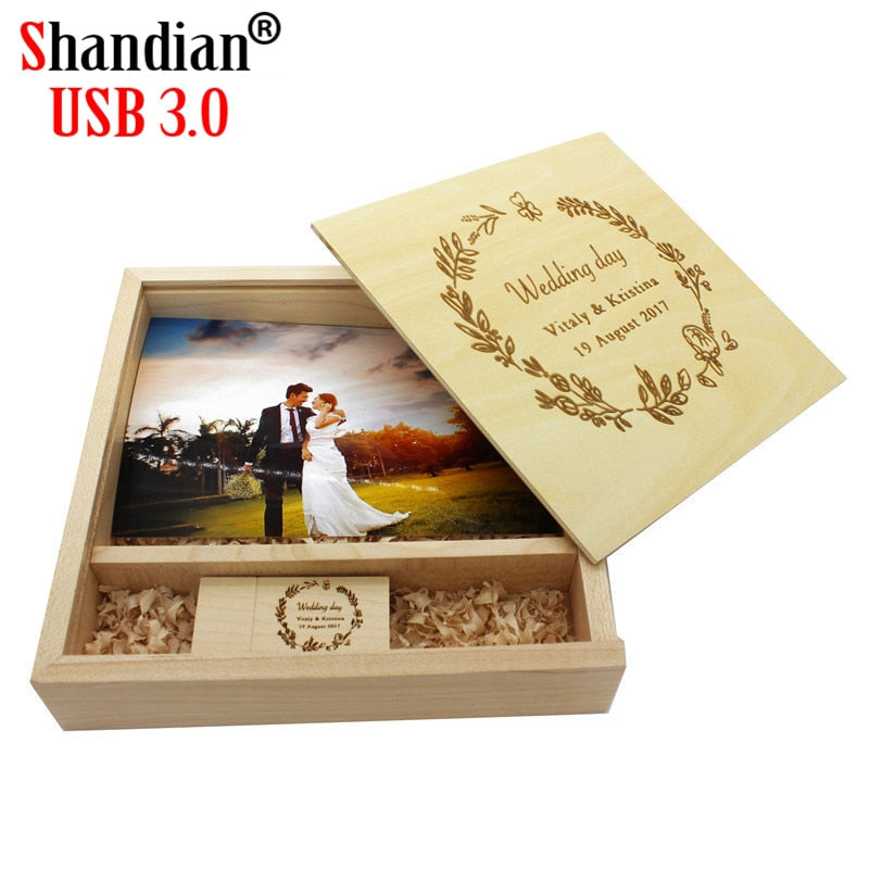 SHANDIAN Wood Album Style High Speed USB 3.0 4GB 8GB 16GB Fashion Gift 32GB 64GB USB+BOX Wedding Photography Free Custom LOGO