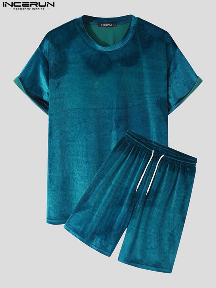 INCERUN Men Casual Sets Velour Solid Color O-neck Short Sleeve T Shirt & Drawstring Shorts Two Pieces 2023 Streetwear Men Suits