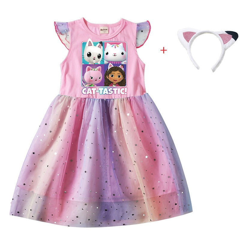 Cartoon Gabby Cats Baby Girl Dresses Kids Gabby's Doll House Clothes Cosplay Costume Children Fly Sleeve Casual Dress + Headband