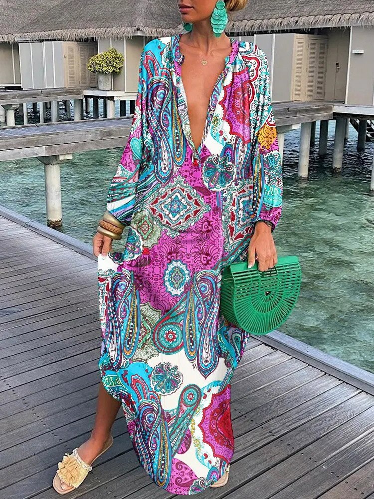 Women Boho Maxi Dress 2023 Summer Sexy Deep V-Neck Long Dresses Vintage Print Long Sleeve Loose Beach Cover Up Female Dress Robe