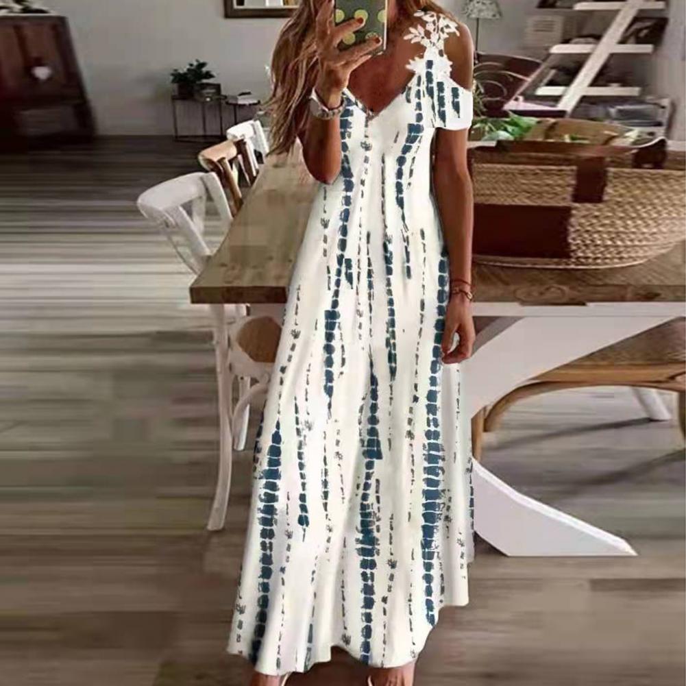 Sexy Spaghetti Strap Long Dress Women Summer Floral V Neck Hollow Out Boho Maxi Dresses Casual Beach Dress Party Robe Vestidos