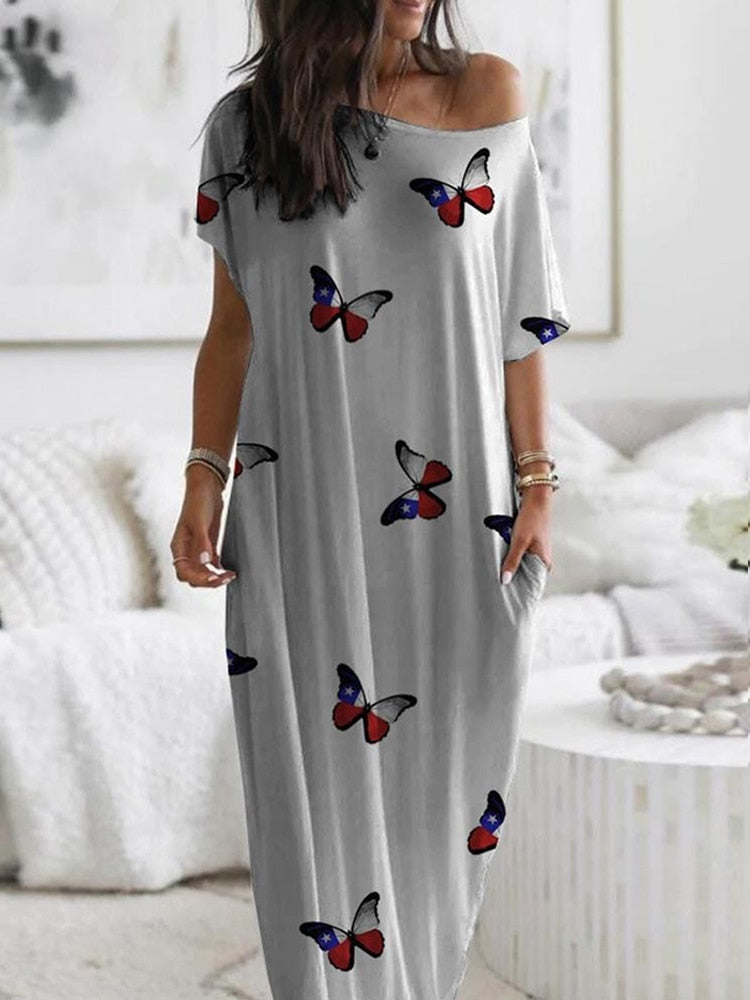 Elegant Off Shoulder Loose Long Dress Vintage Pattern Printed Pullover Party Dress Women Casual Short Sleeve Pocket Maxi Dresses