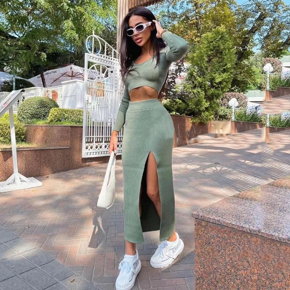 Knitted Winter Women Sexy Sweater Skirt Suit Y2K Fashion Long Sleeve Crop Tops And Long Split Skirt Dress Two Piece Sets