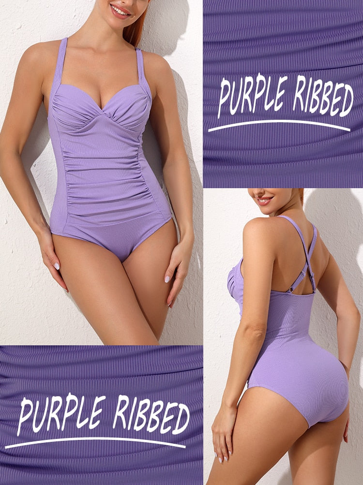 HOMGAO Sexy Push Up Women's One Piece Swimsuits Large Size Shirred Swimwear Vintage Bodysuit Tummy Control Bathing Suits L-4XL