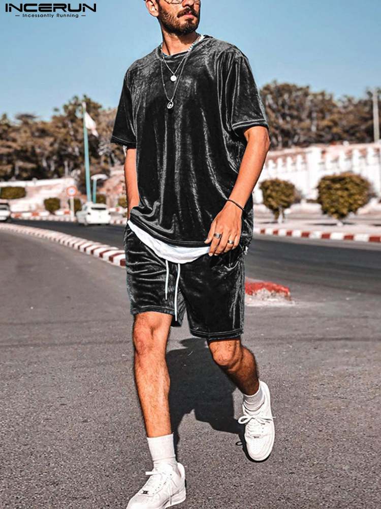 INCERUN Men Casual Sets Velour Solid Color O-neck Short Sleeve T Shirt & Drawstring Shorts Two Pieces 2023 Streetwear Men Suits