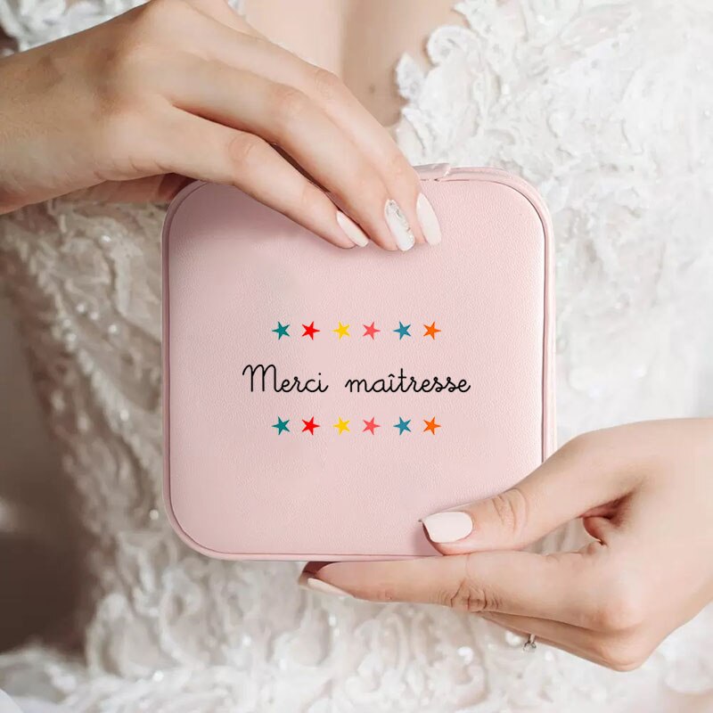 Custom Merci Mistress Print Jewellery Box Travel Earring Holder Storage Display Case Gifts for Teacher cadeau maitresse école