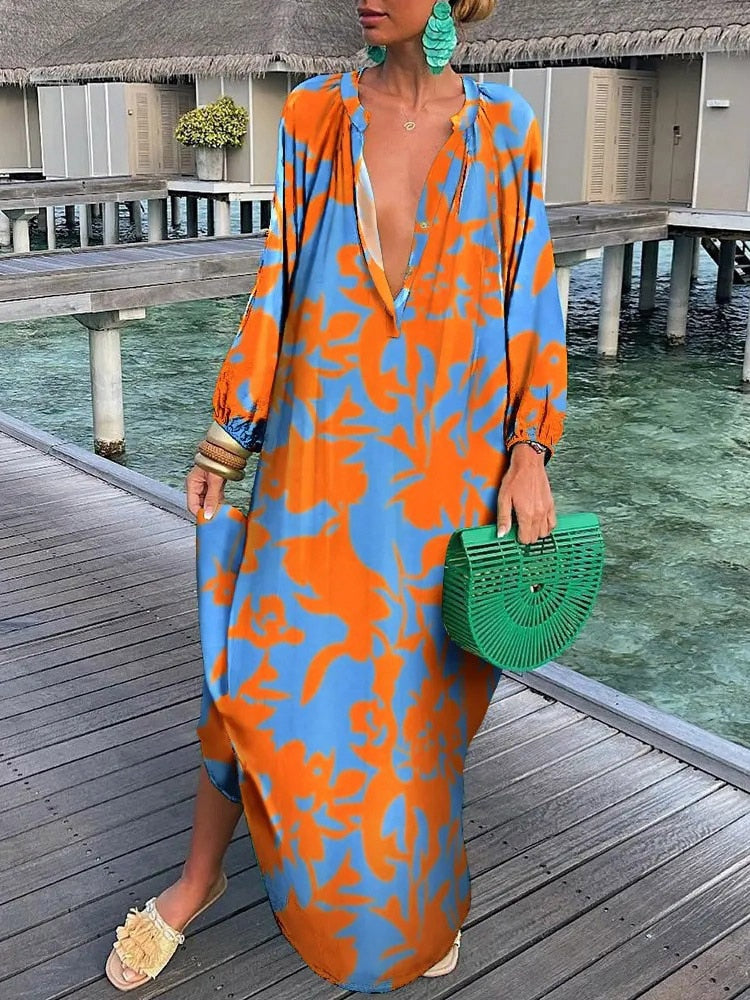 Women Boho Maxi Dress 2023 Summer Sexy Deep V-Neck Long Dresses Vintage Print Long Sleeve Loose Beach Cover Up Female Dress Robe