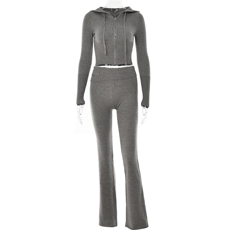 Fantoye Two Piece Sets Women Tracksuit Long Sleeve Zipper Hooded Sweater Skinny Pants Suit Solid Casual Knitted Sweatshirt Set