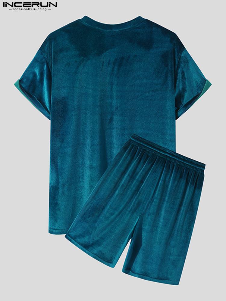 INCERUN Men Casual Sets Velour Solid Color O-neck Short Sleeve T Shirt & Drawstring Shorts Two Pieces 2023 Streetwear Men Suits