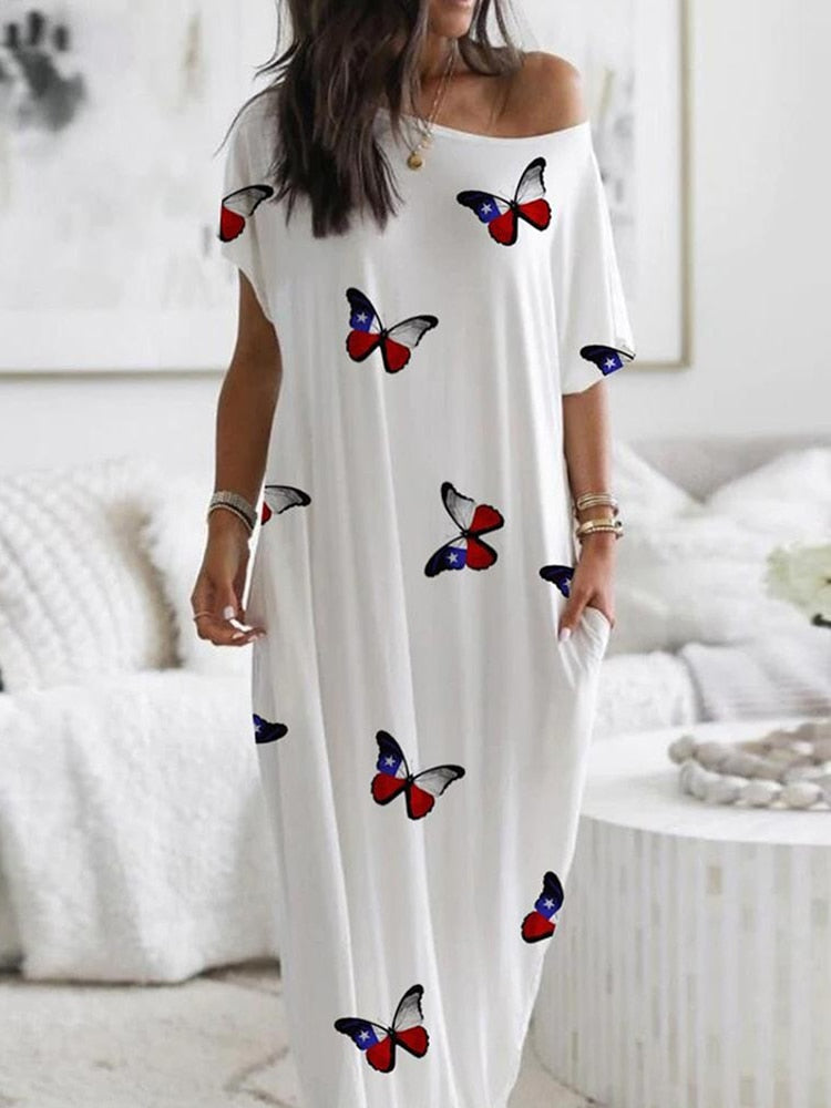 Elegant Off Shoulder Loose Long Dress Vintage Pattern Printed Pullover Party Dress Women Casual Short Sleeve Pocket Maxi Dresses