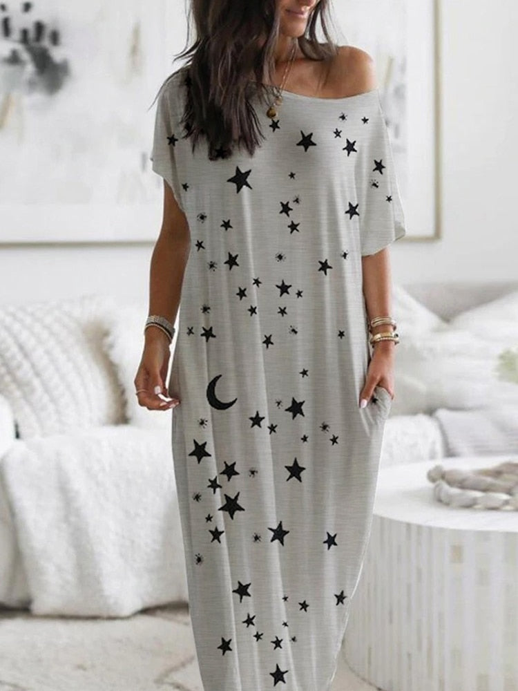 Elegant Off Shoulder Loose Long Dress Vintage Pattern Printed Pullover Party Dress Women Casual Short Sleeve Pocket Maxi Dresses