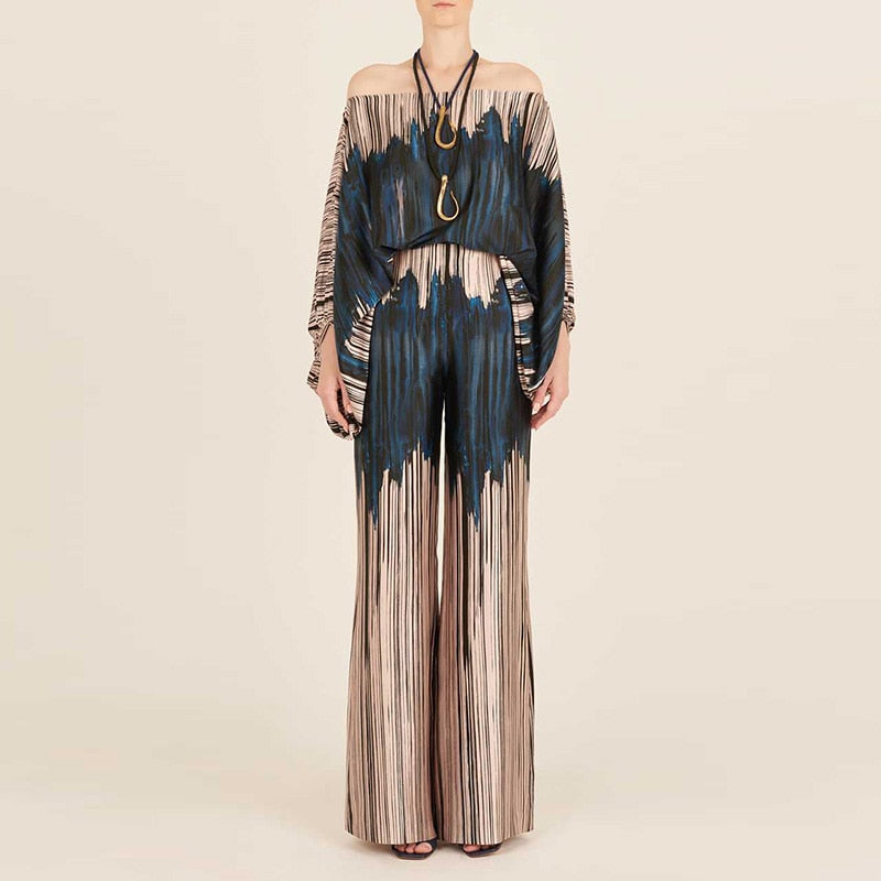 Casual Satin Commuting Suit Fashion Hollow Off Shoulder Tops With Long Pants Women 2 Piece Sets 2023 Spring Loose Print Outfits