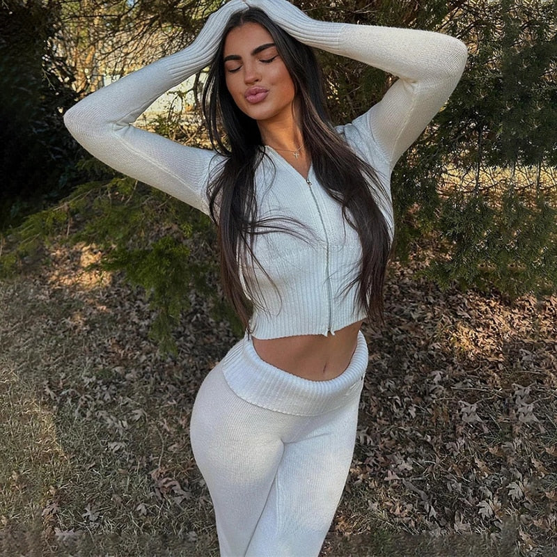 Fantoye Two Piece Sets Women Tracksuit Long Sleeve Zipper Hooded Sweater Skinny Pants Suit Solid Casual Knitted Sweatshirt Set
