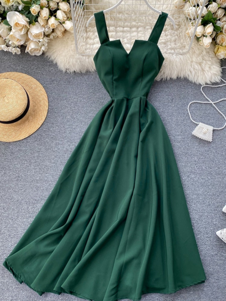 FMFSSOM 2022 Summer V-neck Sexy Open Back Red Dress Women Knee-length Bohemian Style  Solid Spaghetti Strap Party Clothing