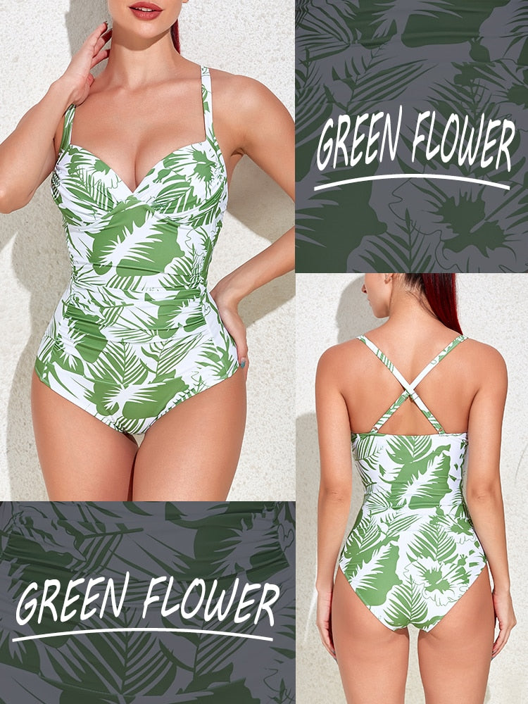 HOMGAO Sexy Push Up Women's One Piece Swimsuits Large Size Shirred Swimwear Vintage Bodysuit Tummy Control Bathing Suits L-4XL
