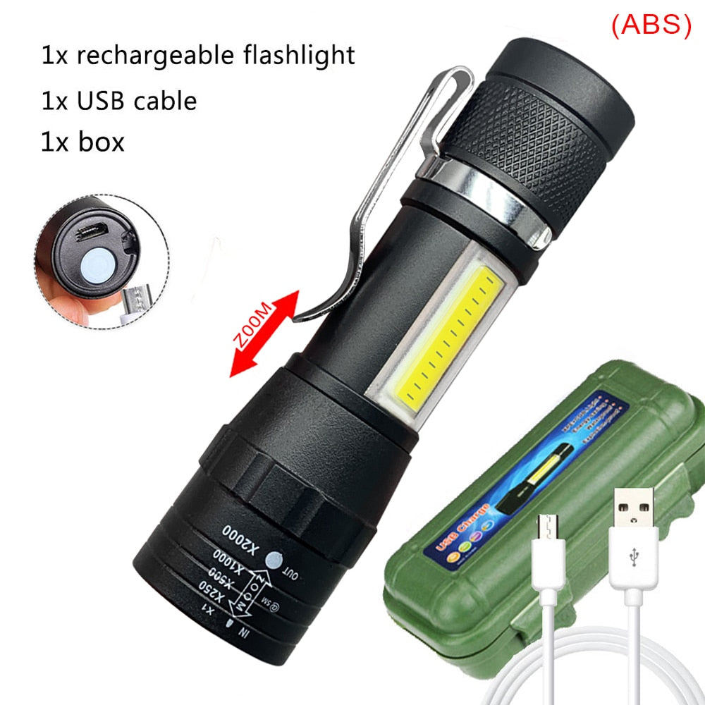 Built In Battery Q5 Portable Mini Led Flashlight Zoom Torch COB Lamp 2000 Lumens Adjustable Penlight Waterproof for Outdoor