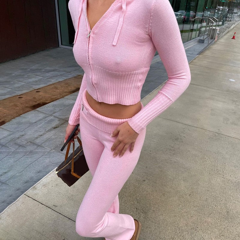 Fantoye Two Piece Sets Women Tracksuit Long Sleeve Zipper Hooded Sweater Skinny Pants Suit Solid Casual Knitted Sweatshirt Set