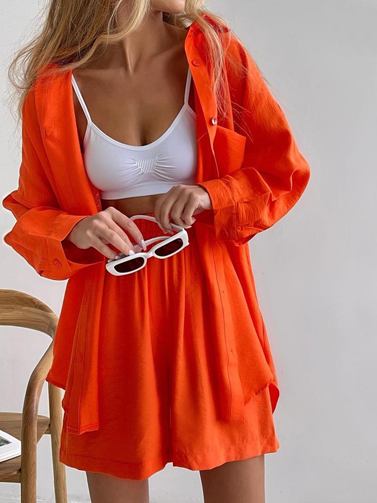 Summer Women's Suit Shirt and Short Sets Solid Color Casual Cotton and Linen Blouse and Shorts Two Piece Sets Women Outfit 2023