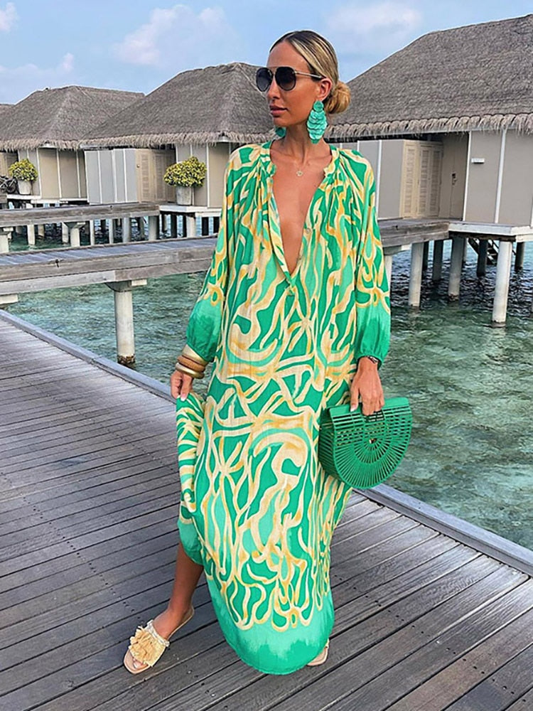 Women Boho Maxi Dress 2023 Summer Sexy Deep V-Neck Long Dresses Vintage Print Long Sleeve Loose Beach Cover Up Female Dress Robe