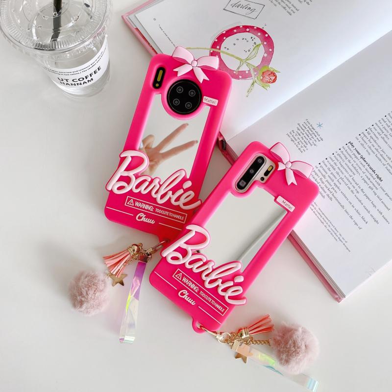 Kawaii Barbie Phone Case for 11 12 13 14 Pro Max Mini Xsmax Xr Xs X 6 7 8 Plus Se Anime Doll Pendant Fashion Cover with Mirror