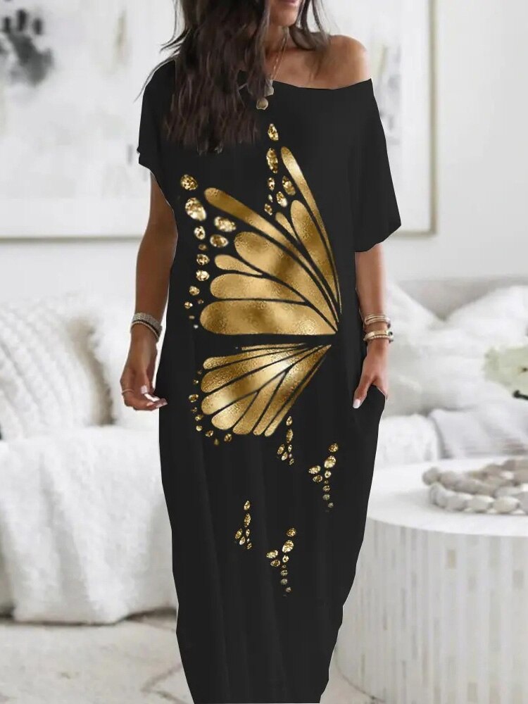 Elegant Off Shoulder Loose Long Dress Vintage Pattern Printed Pullover Party Dress Women Casual Short Sleeve Pocket Maxi Dresses