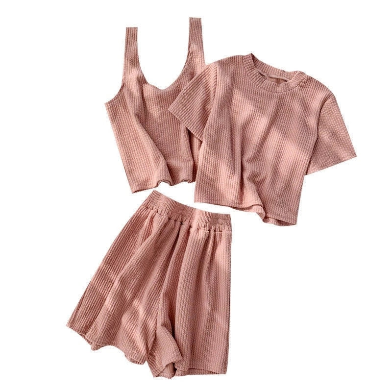 Heliar Pink O-Neck T-Shirt And Shorts And Camis Women Three Pcs Sets Pants Sets Femme Female Outfits 2022 Summer Suits Women