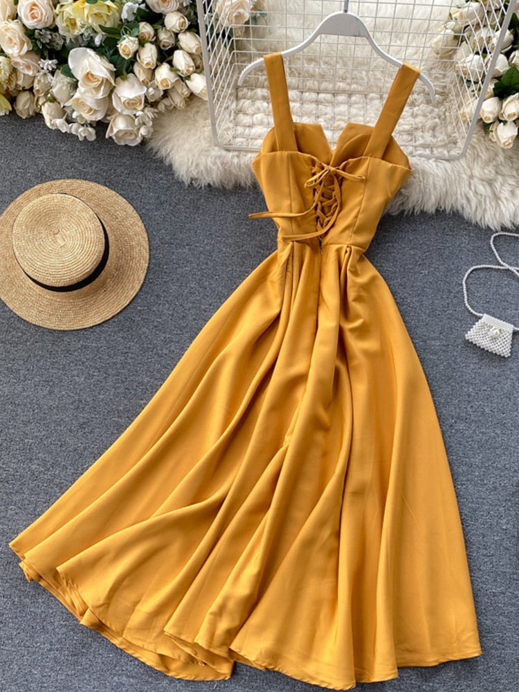 FMFSSOM 2022 Summer V-neck Sexy Open Back Red Dress Women Knee-length Bohemian Style  Solid Spaghetti Strap Party Clothing
