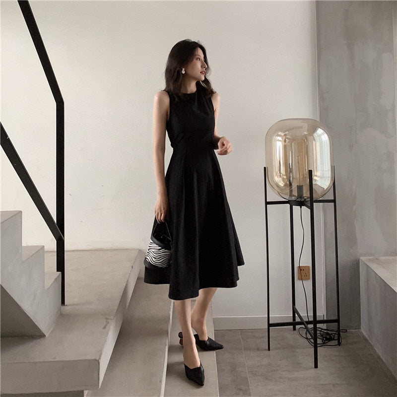 Women Summer Sexy Dress Elegant Hepburn Style Black Sleeveless Back Cross Midi A Line Party Dresses 2023New Fashion Vestidos