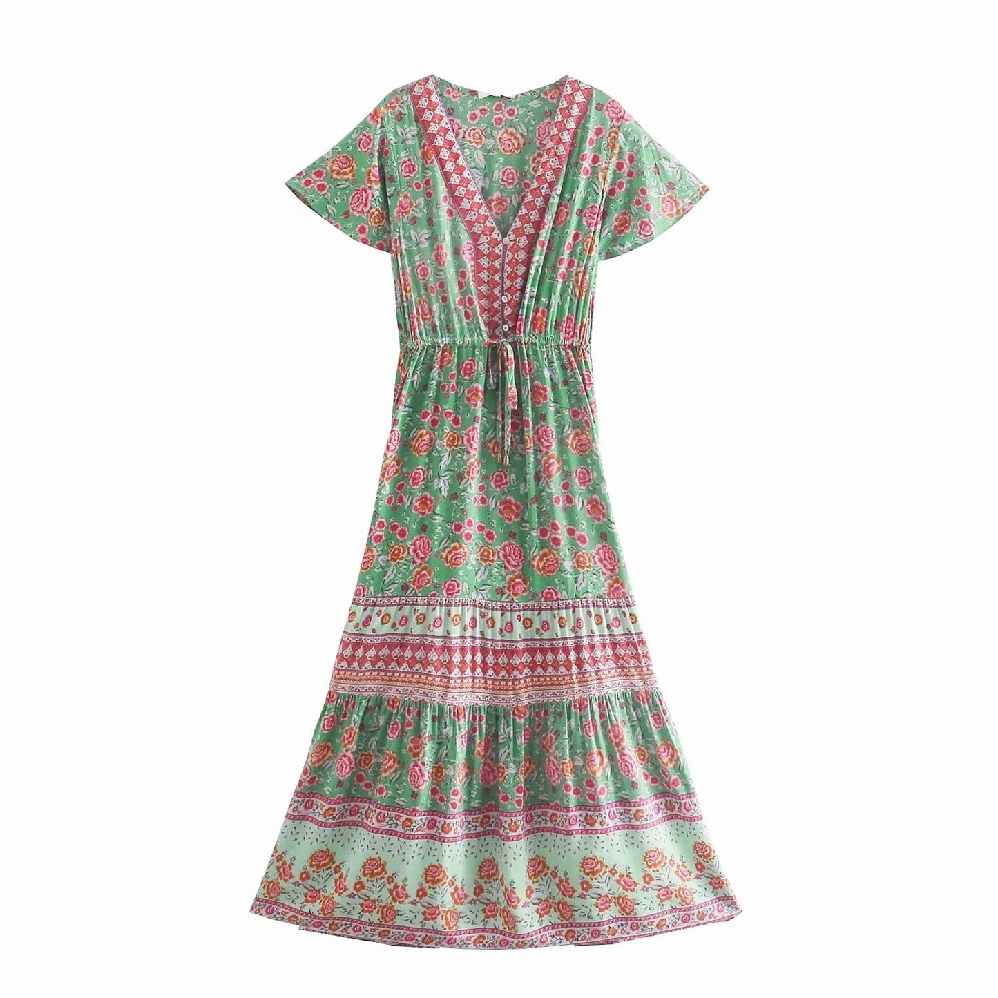 GypsyLady Floral Printed Maxi Dress Vintage Boho Summer Holiday Women Dresses Casual Chic Tie Lace Up Ladies Beach Female Dress
