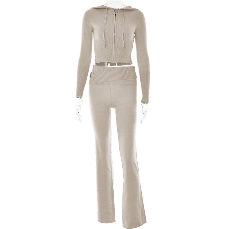 Fantoye Two Piece Sets Women Tracksuit Long Sleeve Zipper Hooded Sweater Skinny Pants Suit Solid Casual Knitted Sweatshirt Set