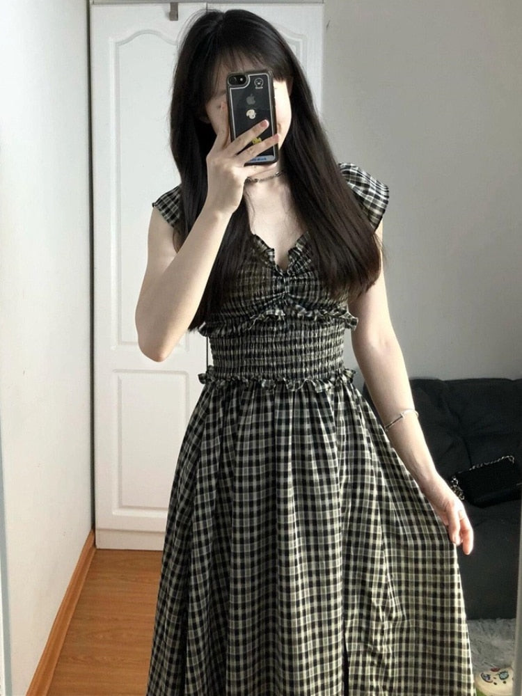 Dresses Women Plaid Creativity Personality Simple Ladies Korean Style Comfortable All-match Elegant Temperament Summer Vacation