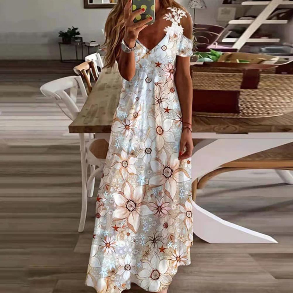 Sexy Spaghetti Strap Long Dress Women Summer Floral V Neck Hollow Out Boho Maxi Dresses Casual Beach Dress Party Robe Vestidos