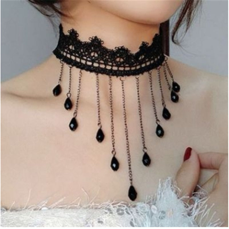 Gothic Victorian Black Lace Necklace Women Girl Boho Crystal Tassel Sexy Lace Choker Steampunk Dark Loli Style Halloween Jewelry
