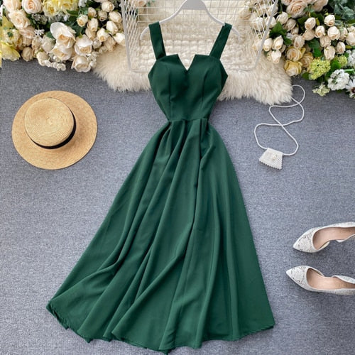 FMFSSOM 2022 Summer V-neck Sexy Open Back Red Dress Women Knee-length Bohemian Style  Solid Spaghetti Strap Party Clothing