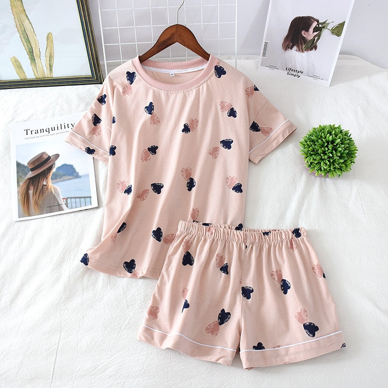 Women's 100% cotton short-sleeved shorts in summer pajamas cartoon summer sports and leisure two-piece suits can be worn out