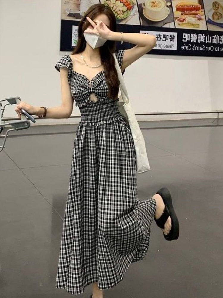 Dresses Women Plaid Creativity Personality Simple Ladies Korean Style Comfortable All-match Elegant Temperament Summer Vacation