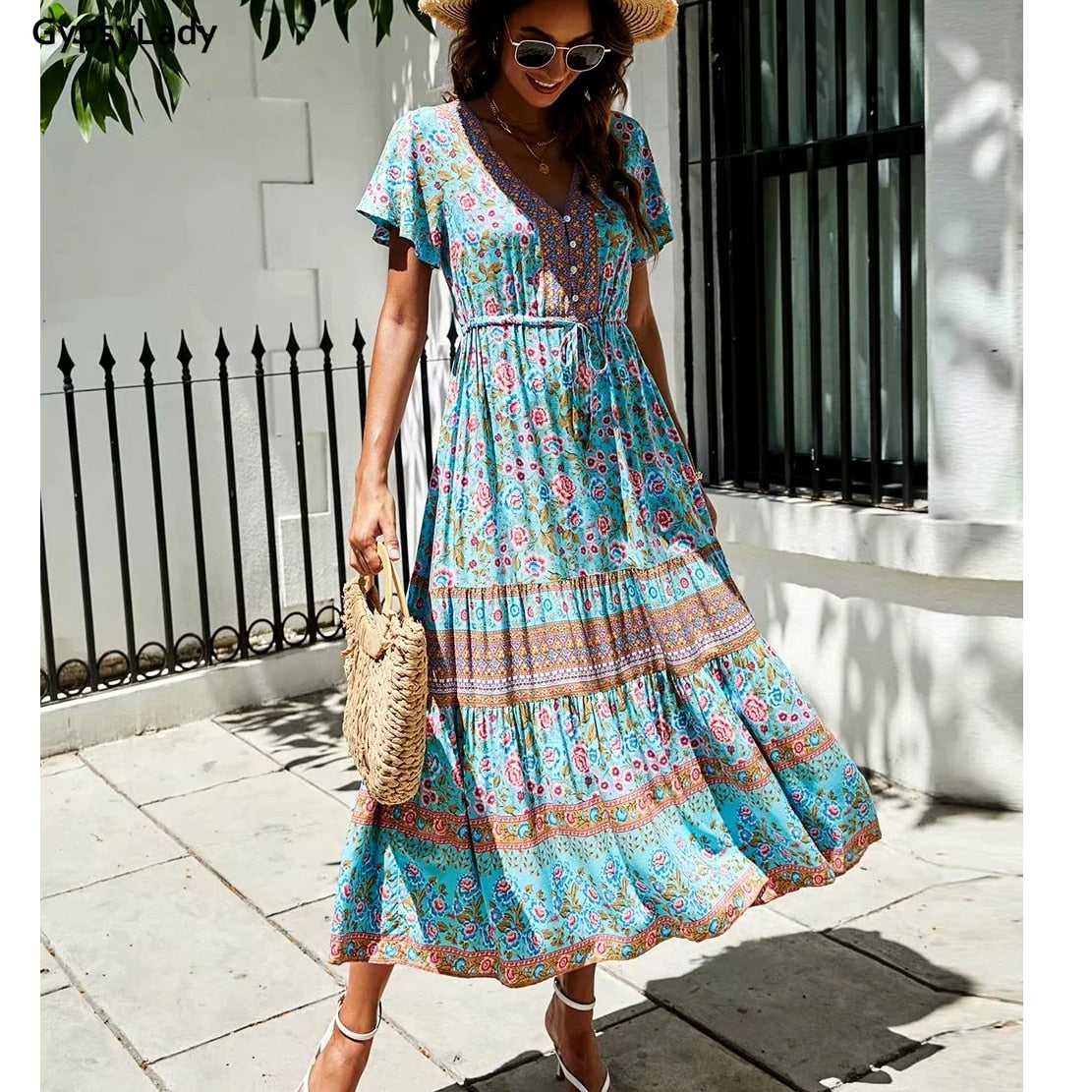 GypsyLady Floral Printed Maxi Dress Vintage Boho Summer Holiday Women Dresses Casual Chic Tie Lace Up Ladies Beach Female Dress
