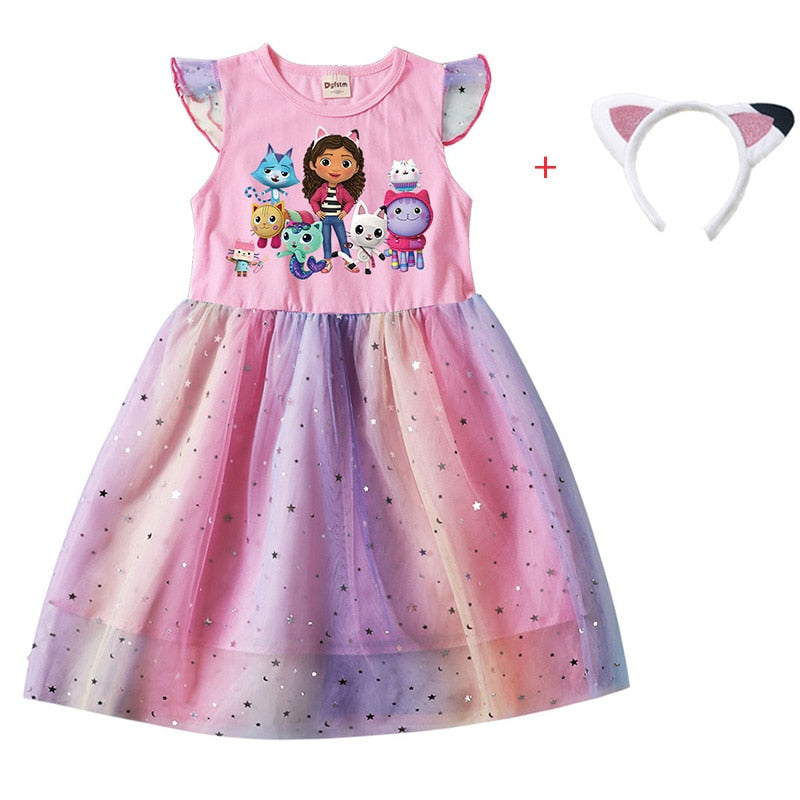 Cartoon Gabby Cats Baby Girl Dresses Kids Gabby's Doll House Clothes Cosplay Costume Children Fly Sleeve Casual Dress + Headband